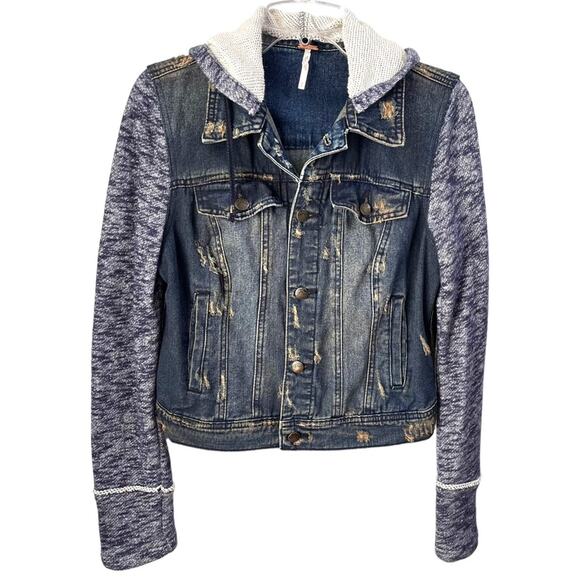 Free People Hoodie Jean Jacket Distressed Denim Sz S Removable Hood - Picture 2 of 15